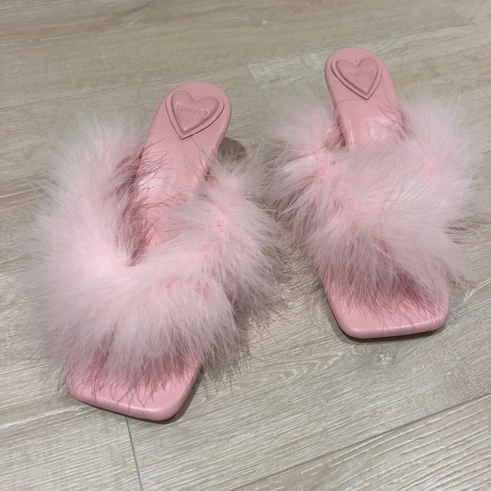 Sleeper Manon Pink Leather Feather Mules Square Toe - Picture 3 of 6
